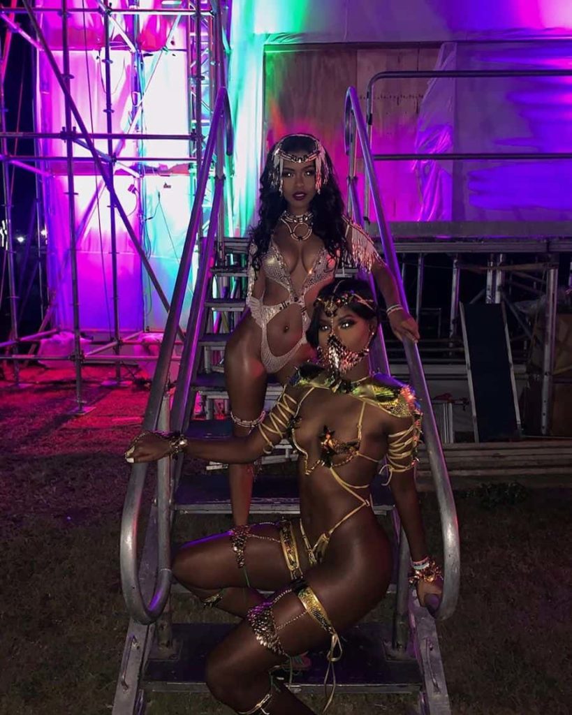 Abihail Myrie and Selena Jutton pose in 2020 Carnival Costumes for Xodus Band Launch