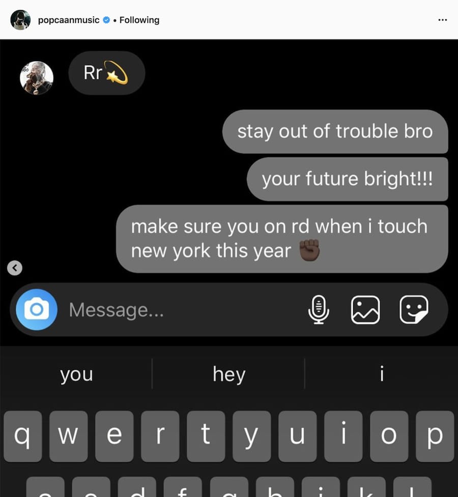 Popcaan Mourns Pop Smoke - Instagram Direct Message