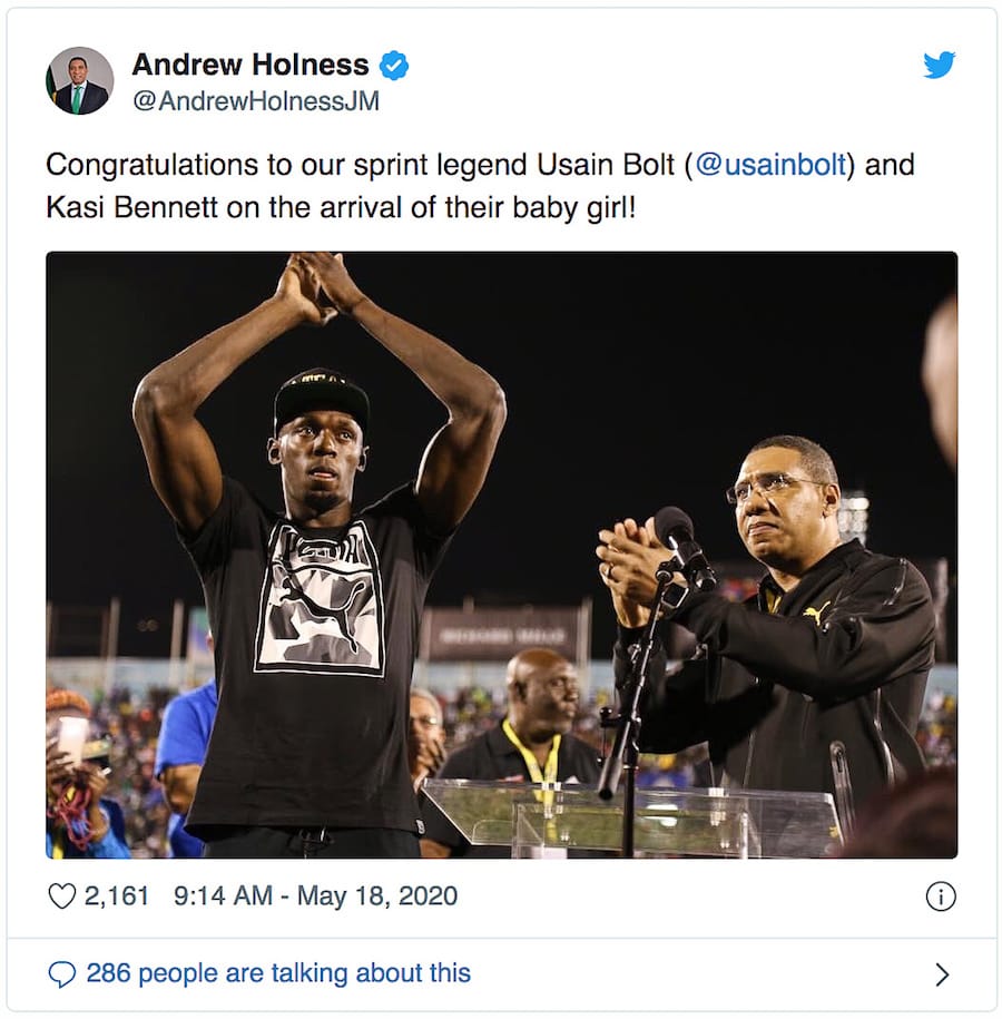 Jamaican prime minister Andrew Holness announces birth of Usain Bolt's first child