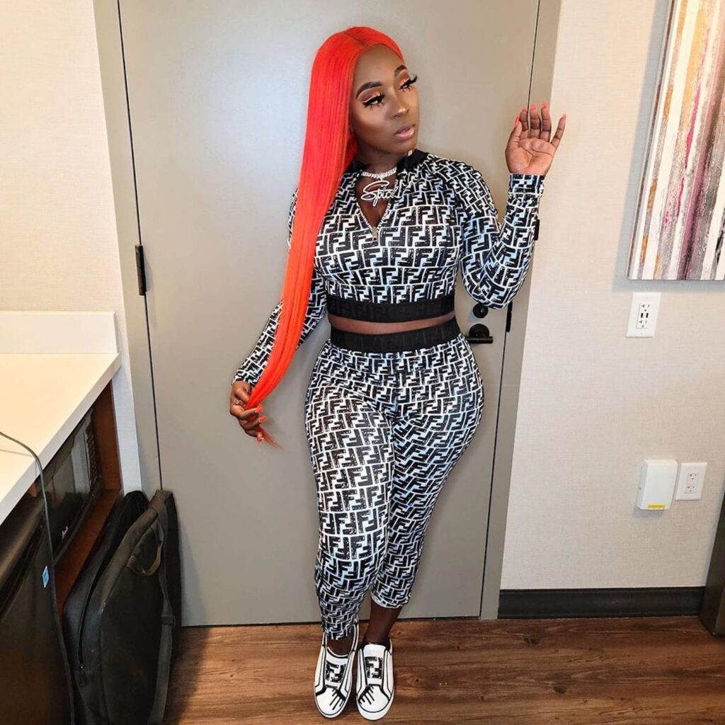 Dancehall Artist Spice Wears Matching Black And White Fendi Jersey Top And Leggings